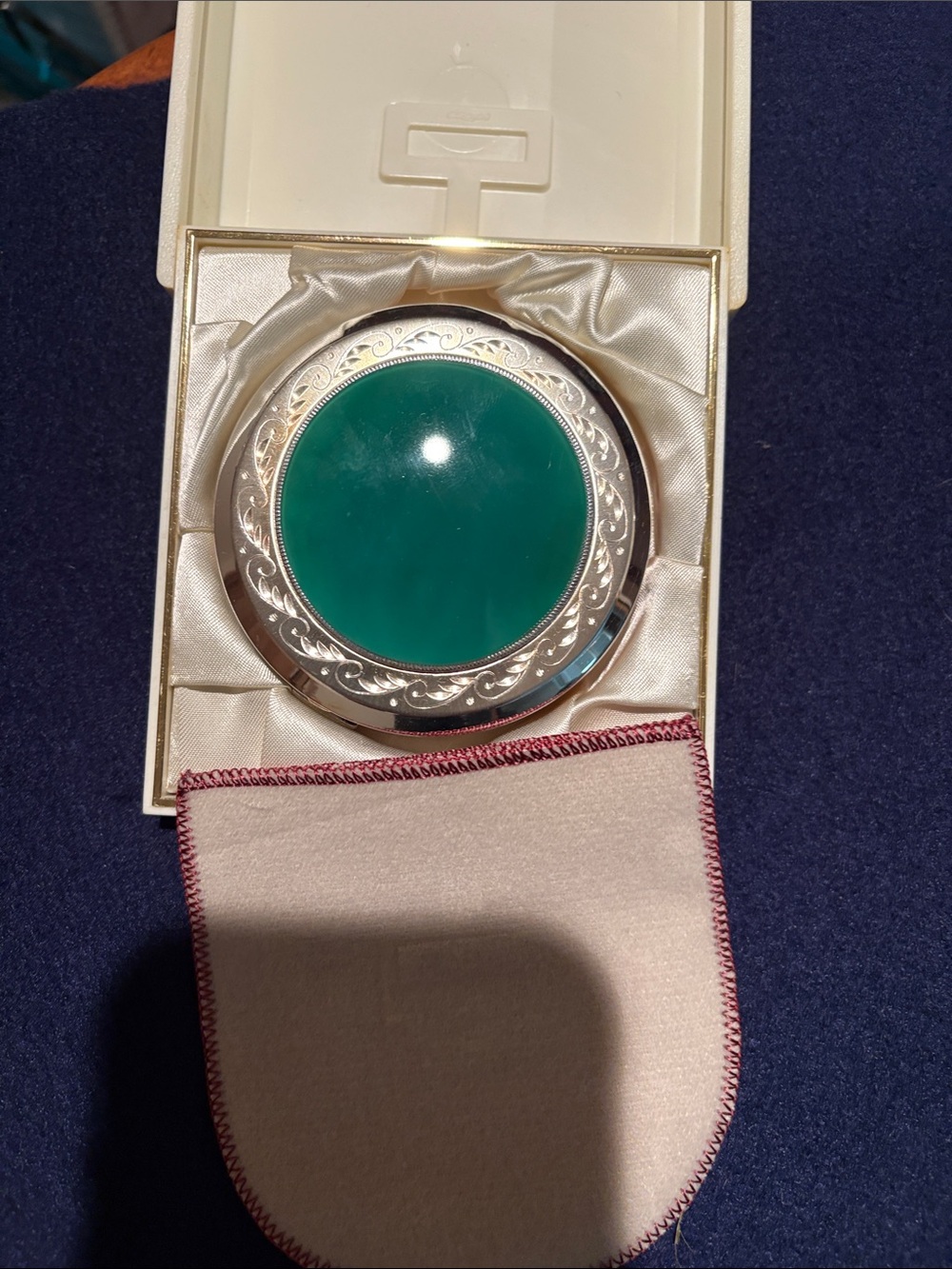 Vintage Crown Silver Compact Mirror with Green Center